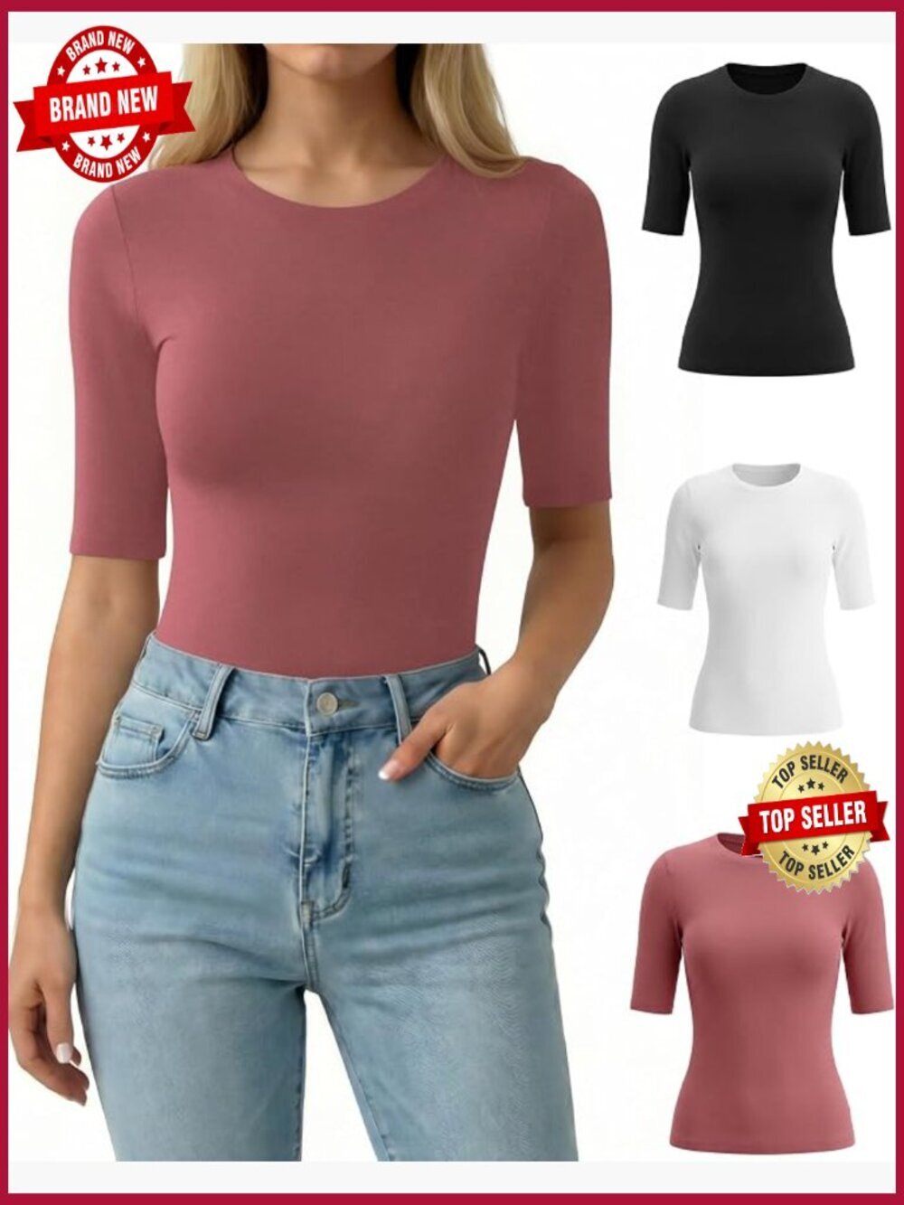 3 Pack Half Sleeve Fitted Crew Neck T Shirts for Women Casual Trendy Top